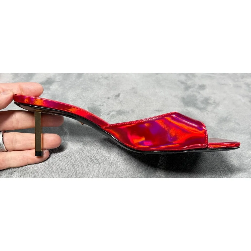 Schutz Sandals Womens 8B Red Holographic Square Toe Heels Slide